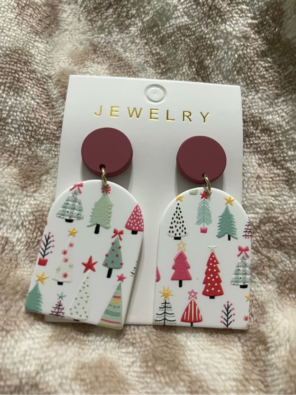 Festive Pink & White Tree Print Drop Earrings